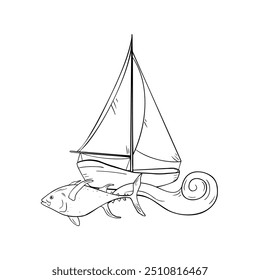 Sailing boat on curly wave black and white vector illustration isolated. Fishing boat and big fish hand drawn ink silhouette. Yacht contour. Marine drawing in line art. Simple nautical yacht outline