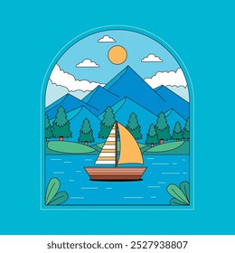 Sailing boat on the lake with mountain background badge
