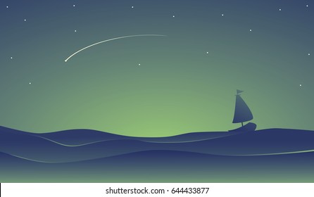 Sailing Boat on The Middle of Ocean at Starry Night.Sailboat on Sea View with Sky with the Shooting Star Vector Illustration.
