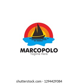 Sailing Boat on the sea with sun background logo design inspiration
