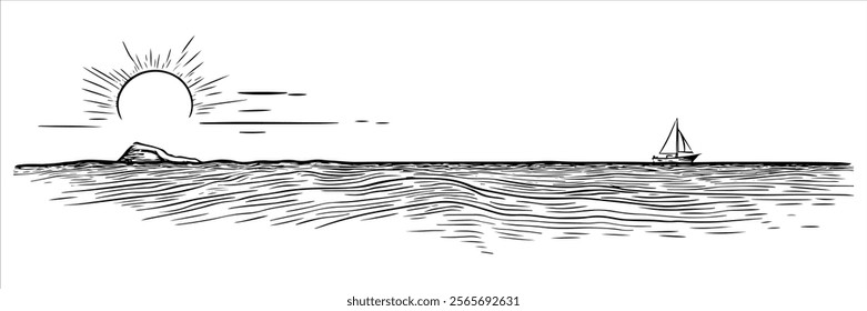 sailing boat on sea with sunset and waves illustration