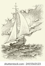 Sailing boat on sea waves vector hand drawing