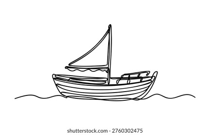 Sailing boat on water with single sail raised high sea travel