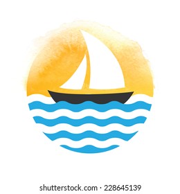 Sailing boat on the water, vector icon