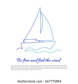 Sailing boat on waves continuous line drawing element isolated on white background for logo or decorative element. Vector illustration of ship form in trendy outline style.