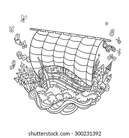 Sailing Boat on Waves in harbor, the ship in port, vector decorative illustration, hand drawn twirl sailboat. Can be used as a print on clothing. Easily editable