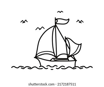 Sailing boat, on the waves of the sea, freehand drawing, with a black stroke, on a transparent background, for printing and coloring