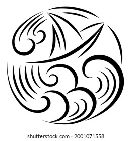 Sailing boat sailing on the waves in stormy weather. Boat and wave logo template. Decorative calligraphic drawing. Vector black and white graphics illustration isolated on white background.