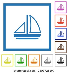 Sailing boat outline flat color icons in square frames on white background
