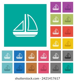 Segelboot umrissen mehrfarbige flache Symbole auf einfarbigem, quadratischem Hintergrund. Weiße und dunklere Icon-Variationen für Hover oder aktive Effekte.