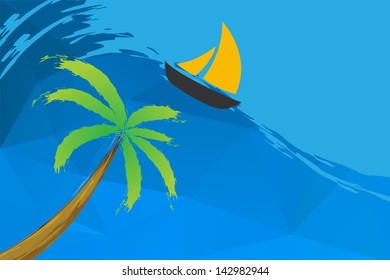 Sailing boat and palm on the water, vector icon