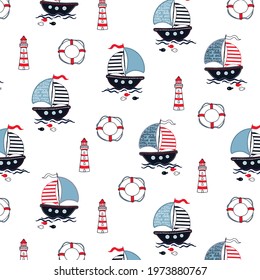 Sailing boat pattern with lifebuoys and lighthouse