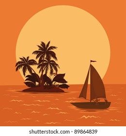 Sailing boat with a people floating in the tropical sea against the backdrop of the island with palm and sun. Vector