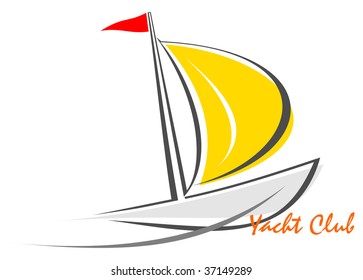 Sailing boat; sailboat on the water; yacht that sails on the waves. Stylized image of the floating boats with sails and red flag. Can be used as logotype of yacht club, marine club, hotel, etc.