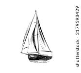 Sailing boat at sea. Abstract minimalistic style. Hand drawn in black ink, brush and paint texture. Vector illustration. 