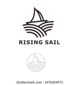 sailing boat with sea, line logo design template