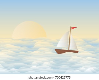 Sailing boat in the sea waves with sunset sky