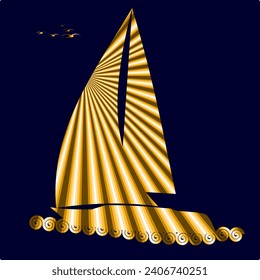 Sailing boat with seagulls on a hollow bottom.