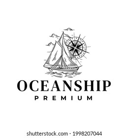 Sailing Boat Ship With Compass Drawing Logo Vector Illustration Template Icon Design