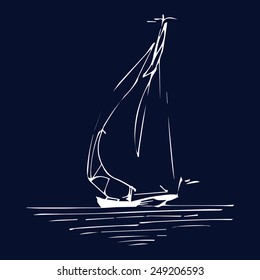Sailing boat or ship in the ocean in ink line style. Vector hand sketched yacht. Marine theme design.