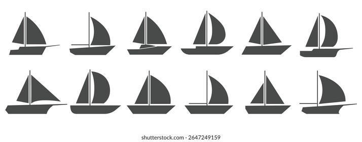 Sailing boat silhouette black icons. Transport travelling vacation marine ship with sail yacht icon set isolated vector illustration