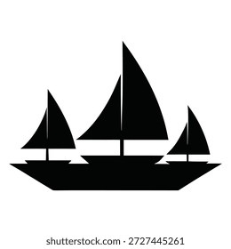 Ilustración vectorial de la silueta del barco de vela, sistema de tres iconos negros minimalistas del velero en el fondo blanco