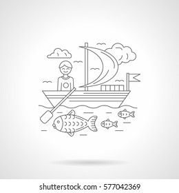 Sailing boat with smiling male. Detailed flat line style icon