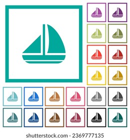 Sailing boat solid flat color icons with quadrant frames on white background