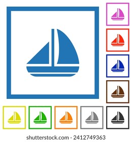 Sailing boat solid flat color icons in square frames on white background