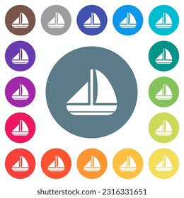 Sailing boat solid flat white icons on round color backgrounds. 17 background color variations are included.