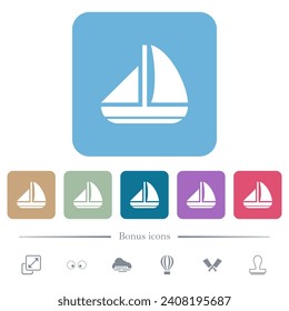 Sailing boat solid white flat icons on color rounded square backgrounds. 6 bonus icons included