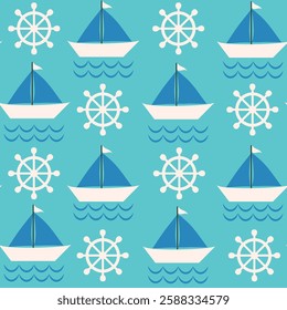 sailing boat and steering wheel seamless pattern with little waves on aqua blue background. For summer print, beach décor and fabric 