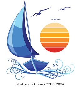 Sailing boat Stylized Abstract Vector Logo Design with Sun and Birds Flying isolated on white