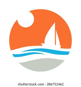 Sailing boat, sun and waves. Vector icon.