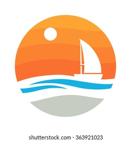 Sailing boat, sun and waves. Vector icon.