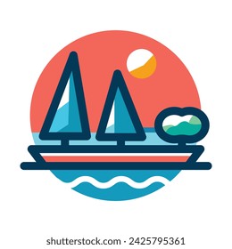 Sailing Boat Sunset On Blue Water Wave Logo Flat Illustration