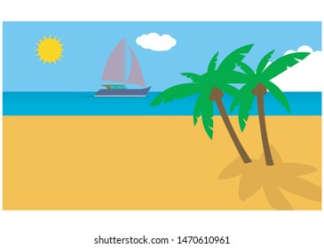 Sailing boat traveling in the sea The bright summer season has two coconut trees on the beach
