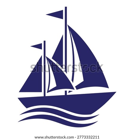 Sailing boat with two masts and flags on the sea waves icon