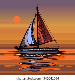Sailing boat vector color sketch with reflection. Sunset Sea yacht floating on the water surface.