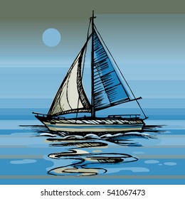 Sailing boat vector color sketch with reflection. Night moon on the sea yacht floating on the water surface.