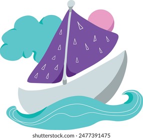 A sailing boat vector. Colourful illustration of a sea vessel, ship, maritime transport isolated on white. A drawing for transportation, traveling, vacation and sea side holidays.