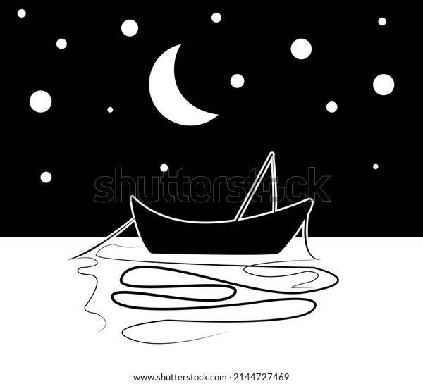 Sailing boat vector\
hand drawn sketch isolated illustration. Sea yacht floating on the\
water surface. Night sky with stars and moon landscape. Monochrome\
doodle drawing.