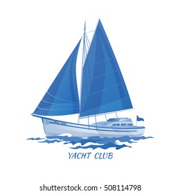 Sailing  boat vector icon blue isolated with reflection.  Sea yacht  floating on water surface.