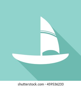 Sailing boat vector icon with long shadow. White illustration isolated on green background for graphic and web design.