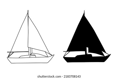 Ilustración vectorial del barco de vela. Silueta negra y contorno sobre fondo blanco.