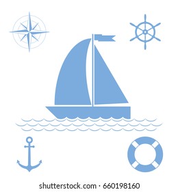 Sailing boat, vector illustration in flat style. Set of sea icons: steering wheel and anchor, lifebuoy, compass or wind rose.