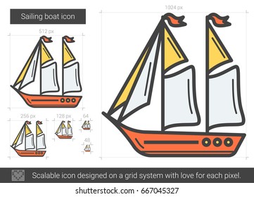 Icono de la línea vectorial del barco de vela aislado en fondo blanco. Icono de línea de navegación para infografía, sitio web o aplicación. Icono escalable diseñado en un sistema de cuadrícula.