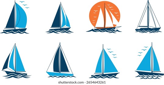 sailing, boat, vector, logotype, ship, icon, sailboat, illustration, yacht, sea, set, wave, symbol, isolated, nautical, water, transport, colours, blue, transportation, cruise, trip, vacation, modern,
