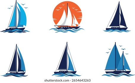 vela, barco, vetor, logotipo, navio, ícone, veleiro, ilustração, iate, mar, conjunto, onda, símbolo, isolado, náutico, água, transporte, cores, azul, transporte, cruzeiro, viagem, férias, moderno,