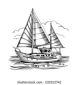 Sailing boat vector sketch isolated with clouds and stylized waves. Sea yacht floating on the water surface.